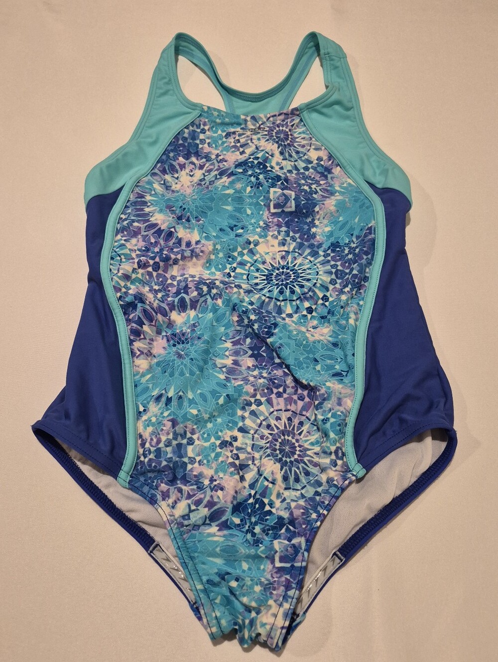 Speedo Floral Swimsuit Girls 16 Racerback One Piece Swim Team Blue Sunburst